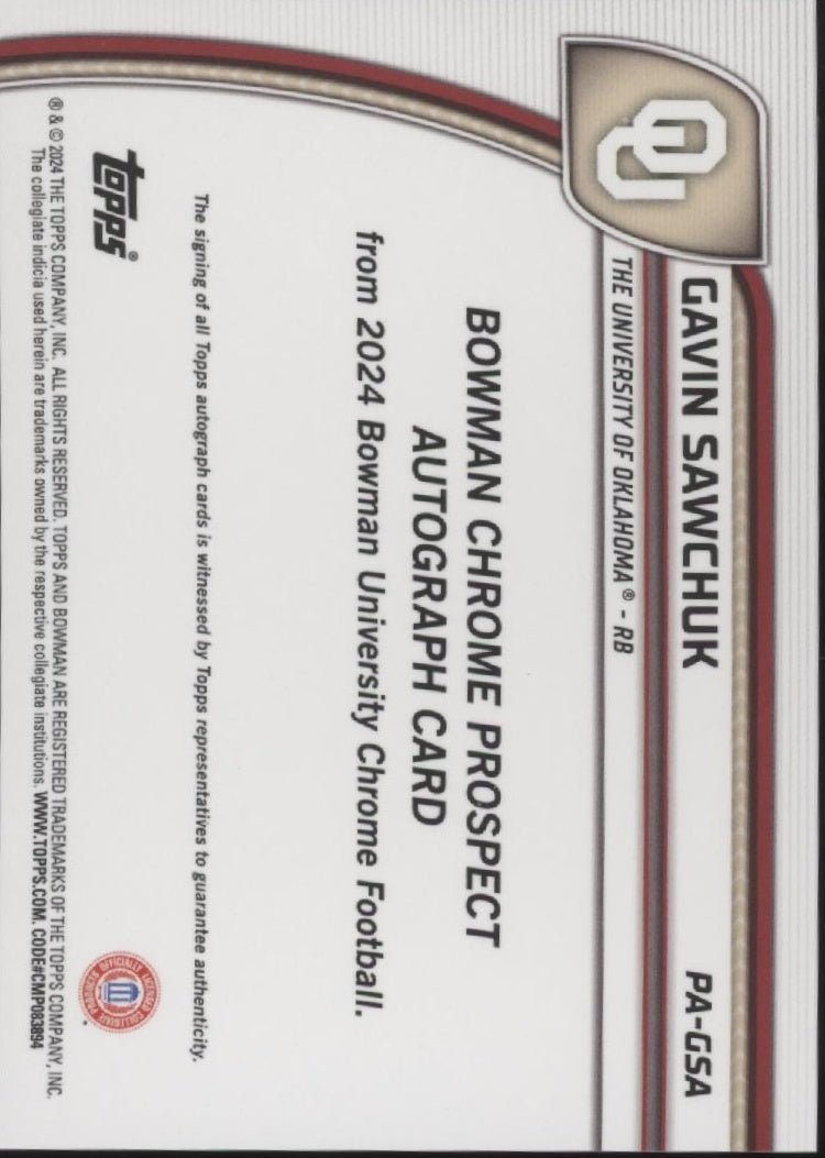 Gavin Sawchuk 2024 Bowman Chrome University Auto PA - GSA - Collector Store LLC