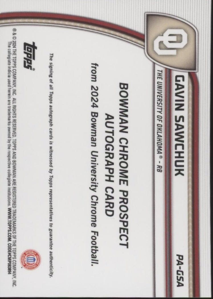 Gavin Sawchuk 2024 Bowman Chrome University Green Refractor Auto PA - GSA - Collector Store LLC