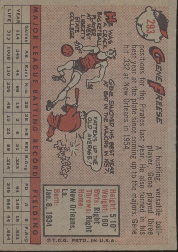 Gene Freese 1958 Topps #293 Pittsburgh Pirates EX - Collector Store LLC