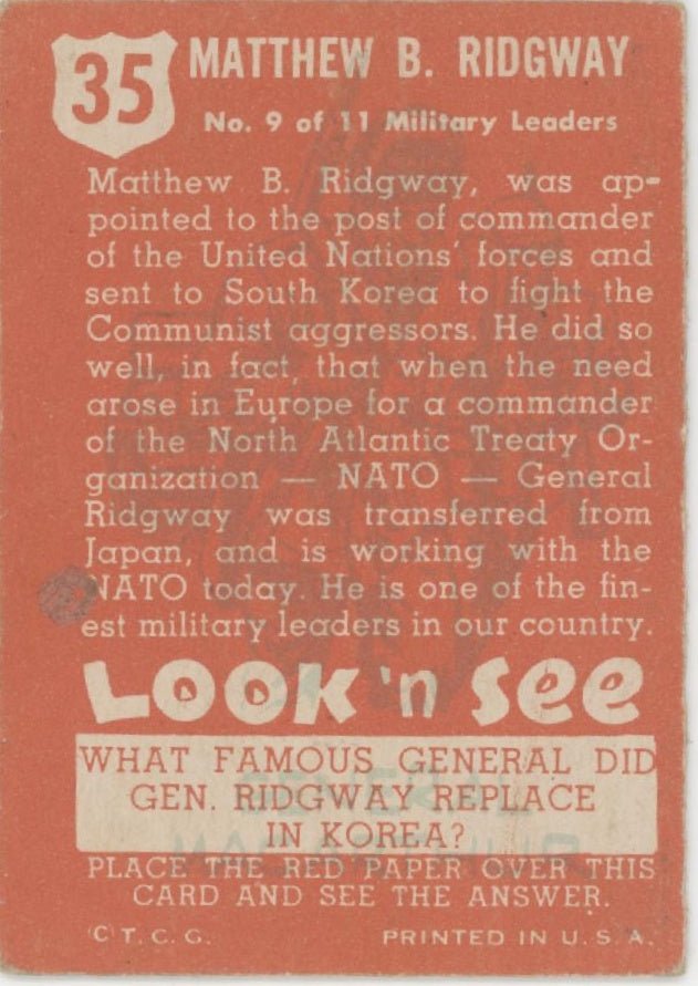 General Matthew Ridgeway 1952 Topps Look 'n See #35 GD - Collector Store LLC