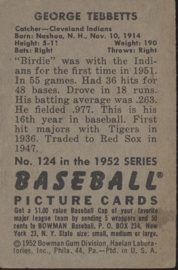 George Tebbetts 1952 Bowman #124 Cleveland Indians VG - EX - Collector Store LLC