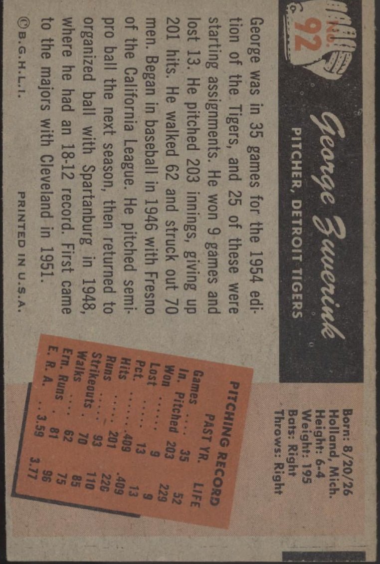 George Zuverink 1955 Bowman #92 Detroit Tigers VG - EX #2 - Collector Store LLC