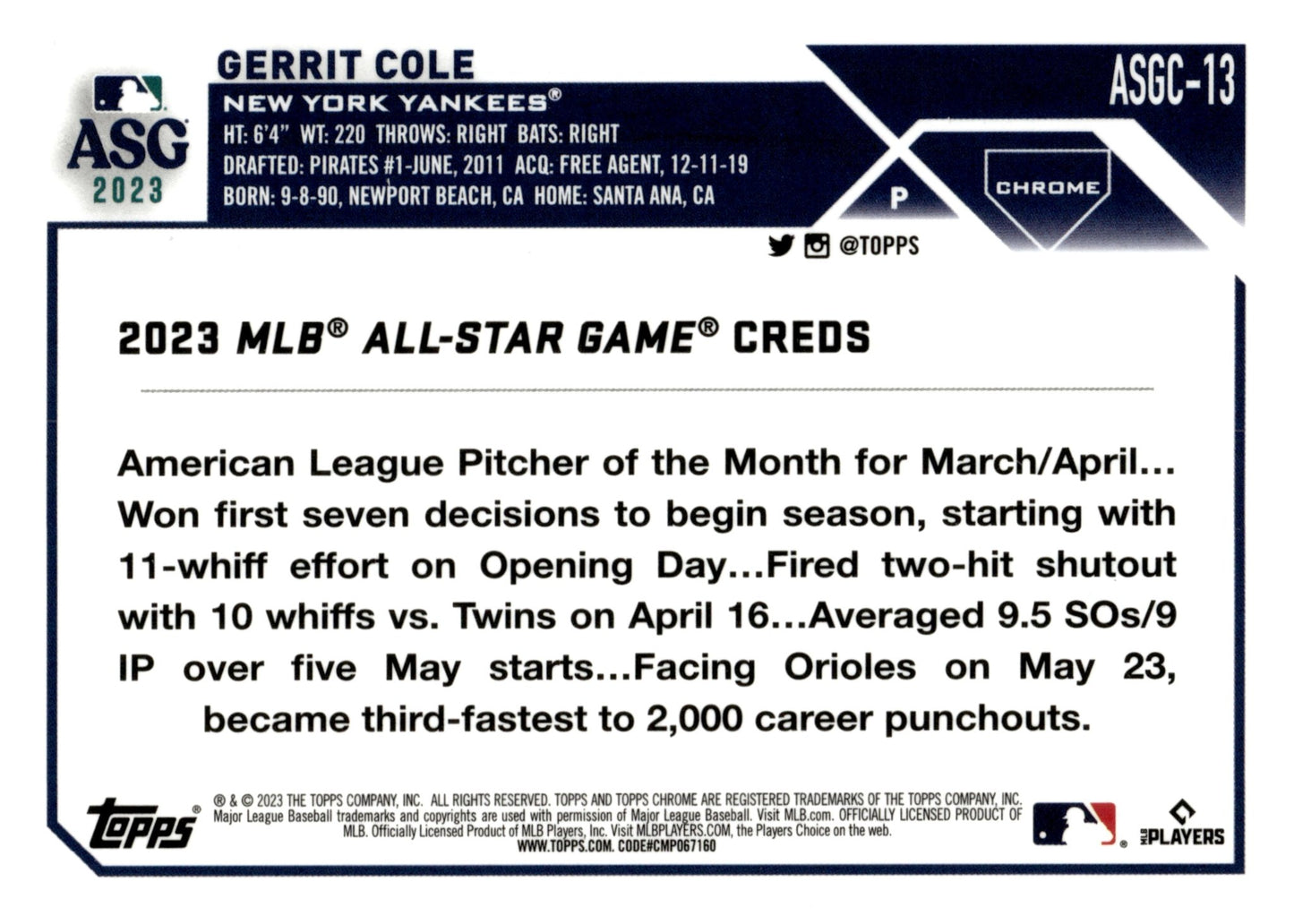 Gerrit Cole 2023 Topps Chrome All Star Game Refractor ASGC - 13 - Collector Store LLC