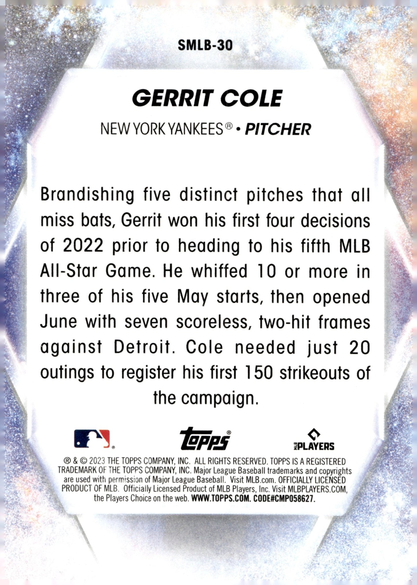 Gerrit Cole 2023 Topps Series 1 Stars of MLB SMLB - 30 - Collector Store LLC