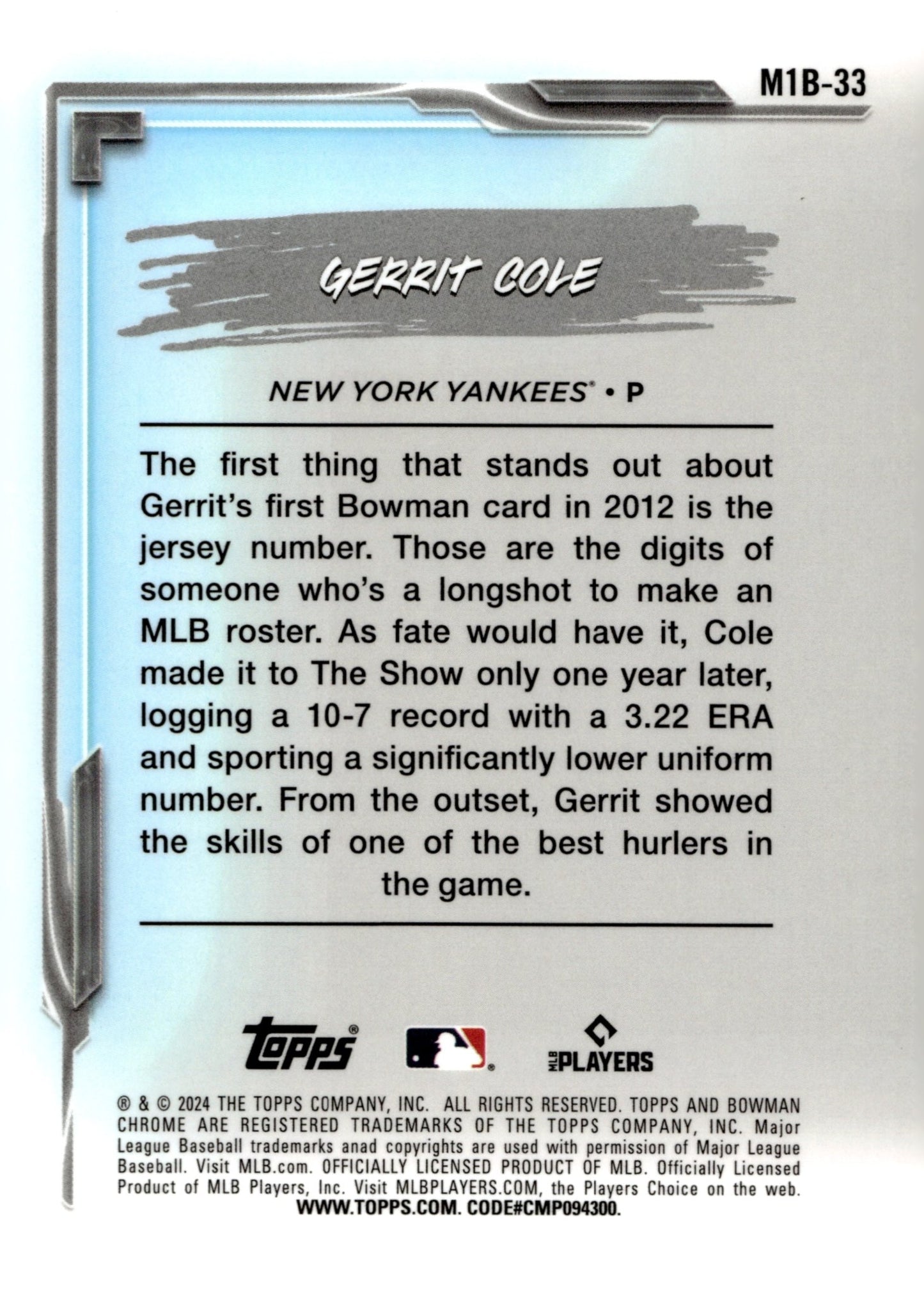 Gerrit Cole 2024 Bowman Chrome My 1st Bowman Mojo Refractor #M1B - 33 #1 - Collector Store LLC