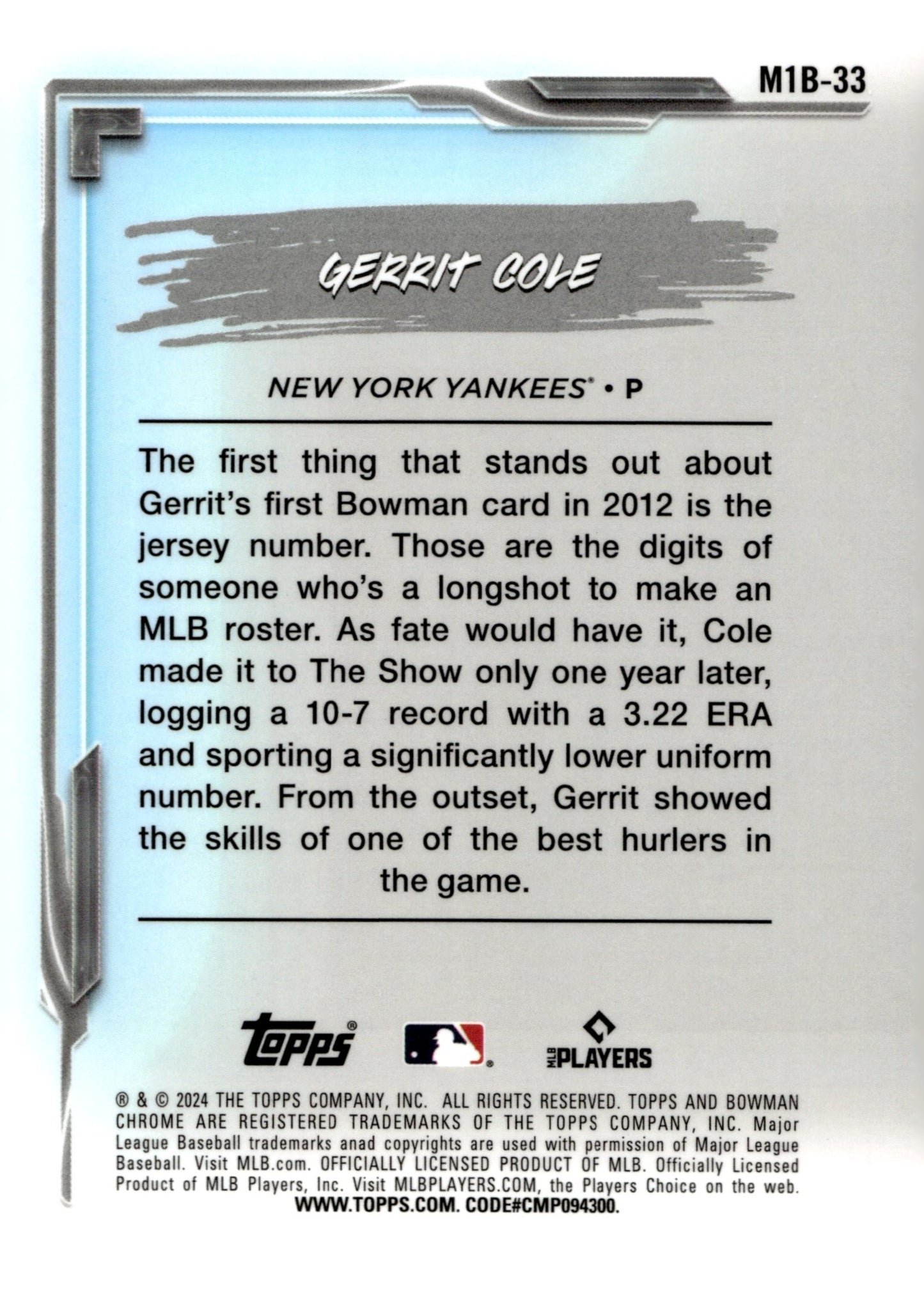 Gerrit Cole 2024 Bowman Chrome My 1st Bowman Mojo Refractor #M1B - 33 #2 - Collector Store LLC