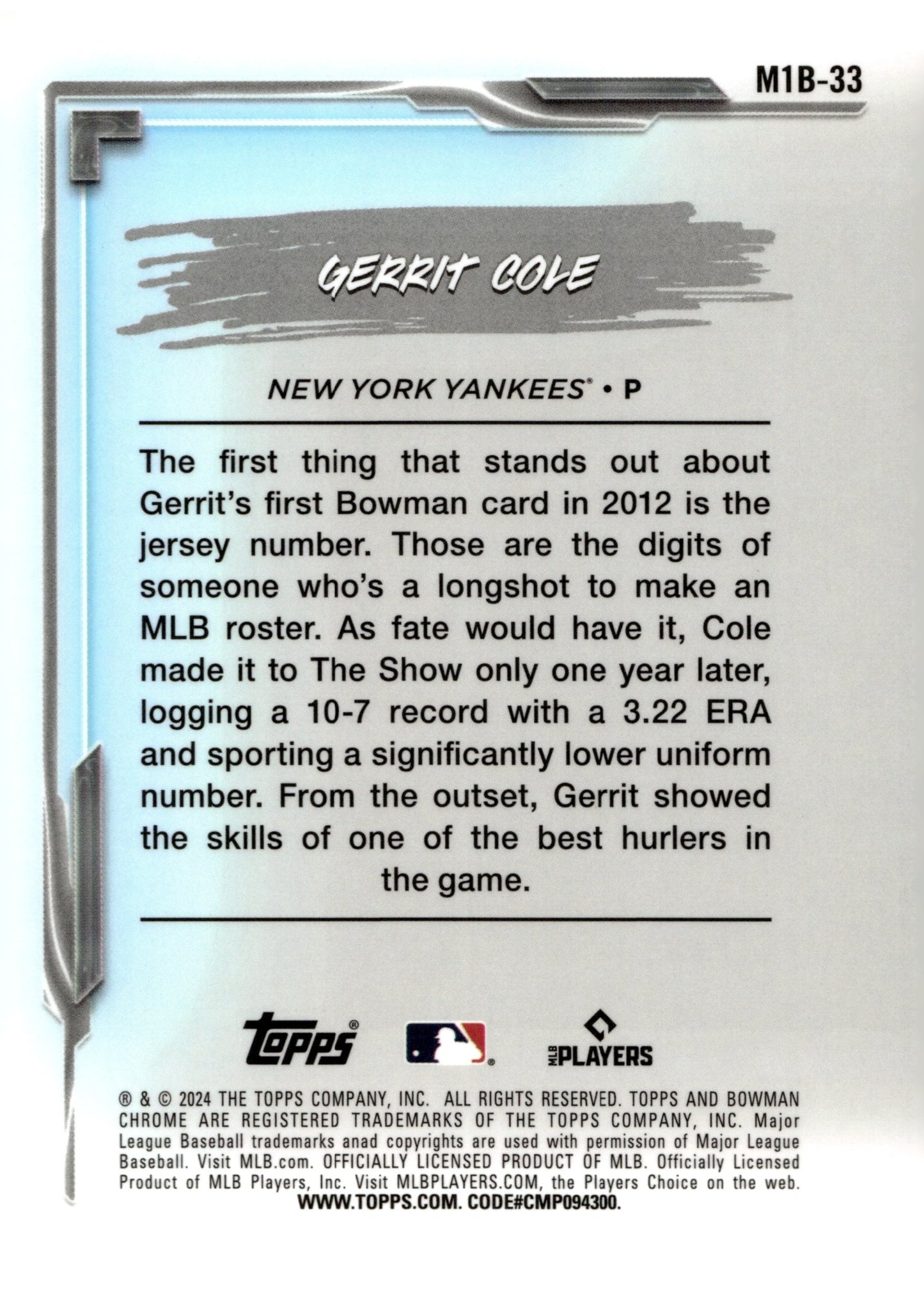 Gerrit Cole 2024 Bowman Chrome My 1st Bowman Mojo Refractor #M1B - 33 #3 - Collector Store LLC