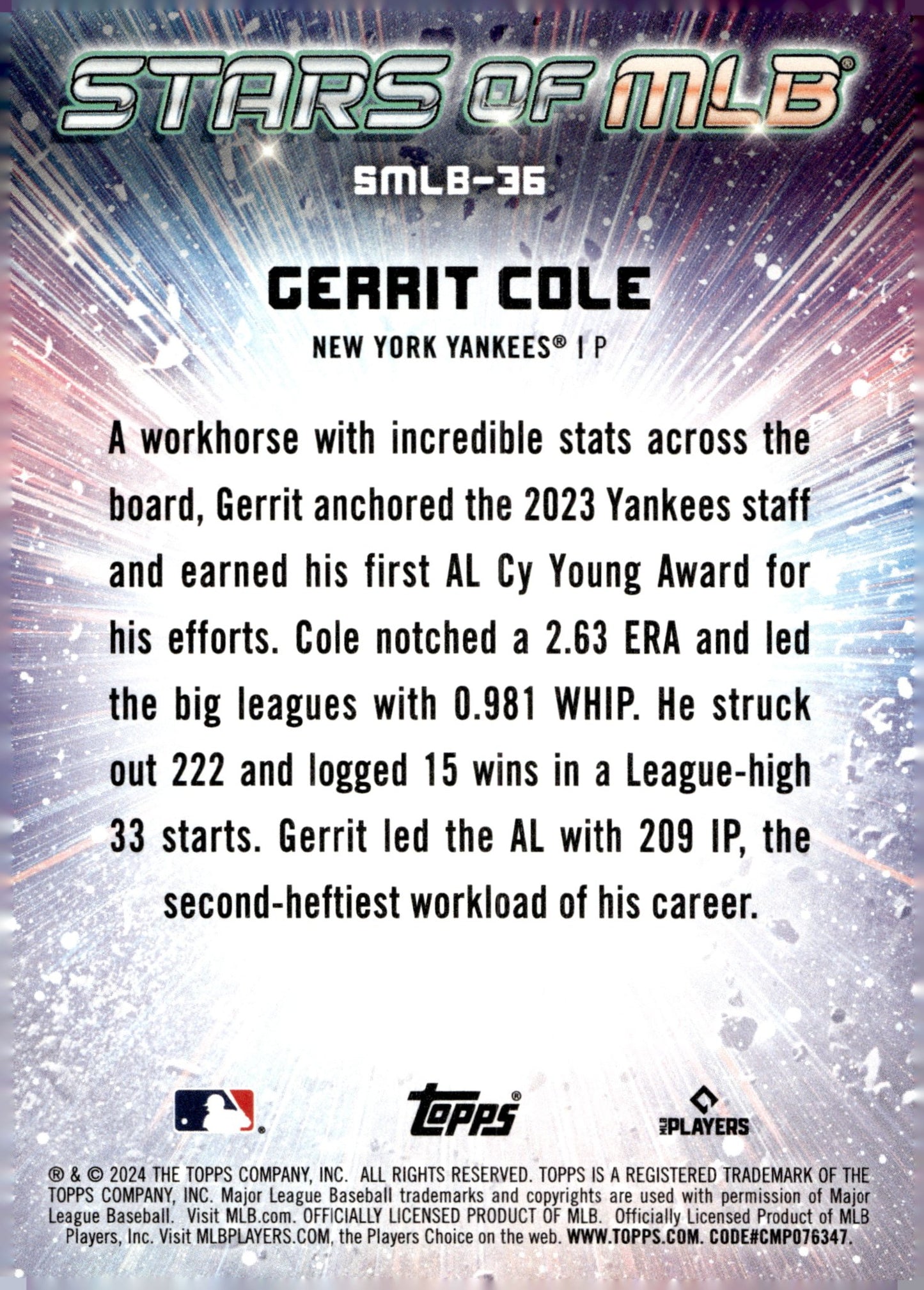 Gerrit Cole 2024 Topps Series 1 Stars of MLB SMLB - 36 - Collector Store LLC