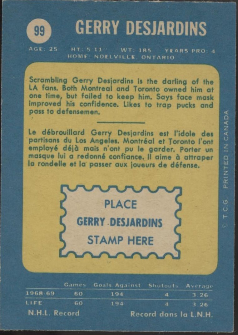 Gerry Desjardins 1969 - 70 Topps RC #99 Los Angeles Kings VG - EX - Collector Store LLC