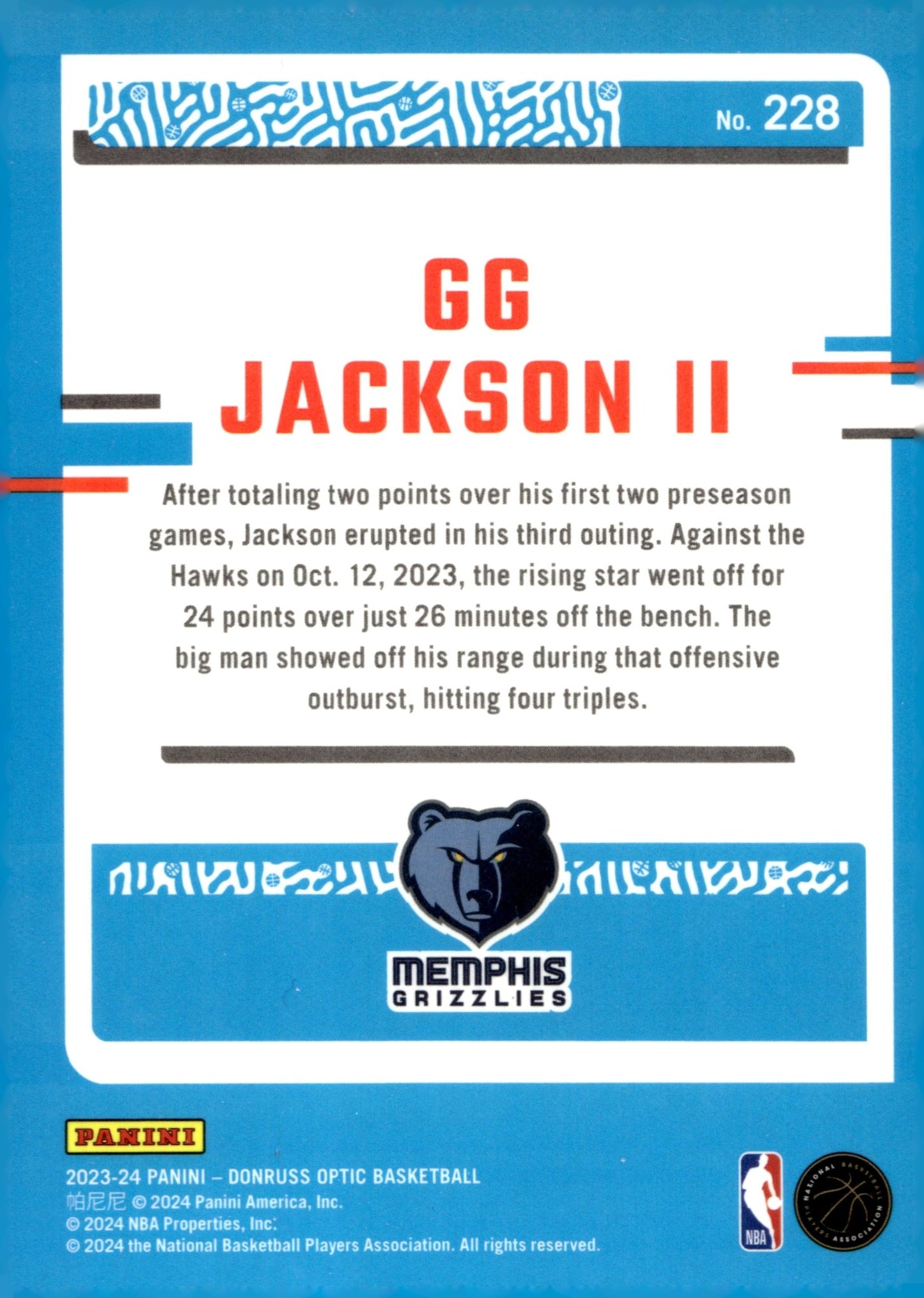 GG Jackson II 2023 - 24 Panini Donruss Optic Rated Rookie RC #228 - Collector Store LLC