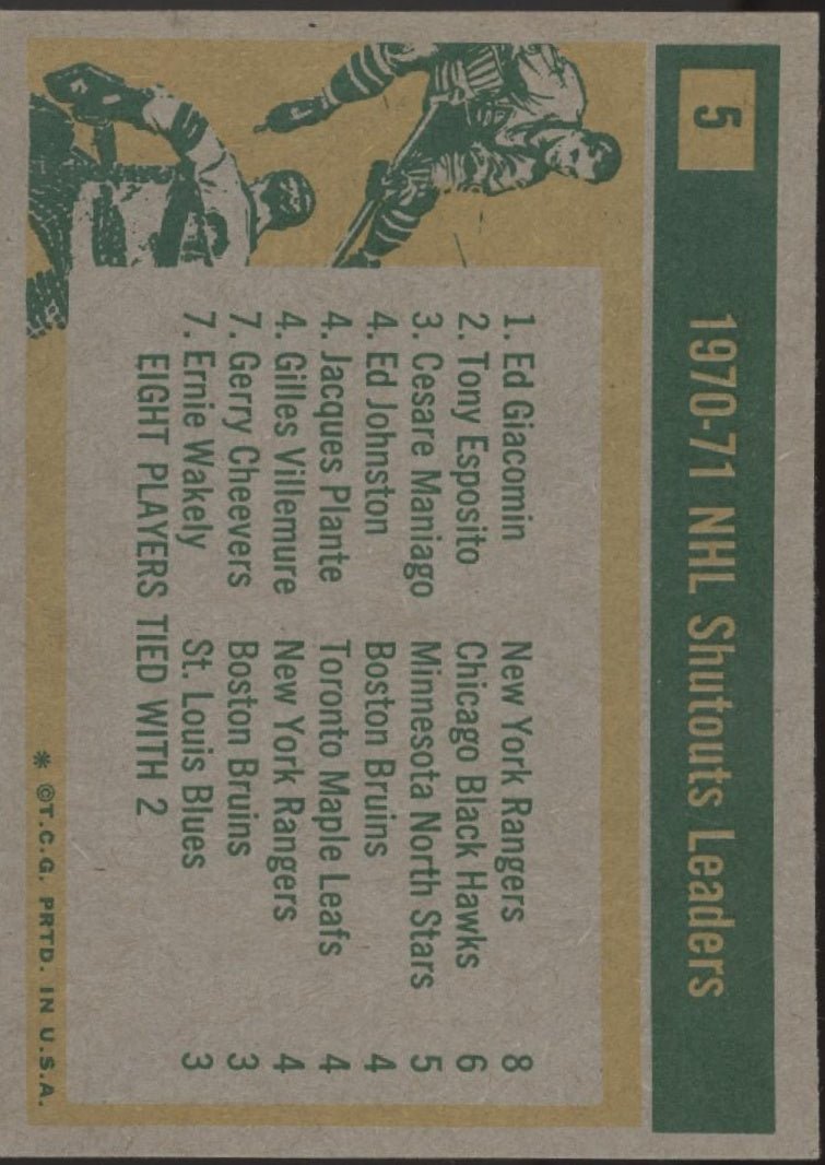 Giacomin / Esposito / Maniago 1971 - 72 Topps Shutouts Leaders #5 EX - Collector Store LLC