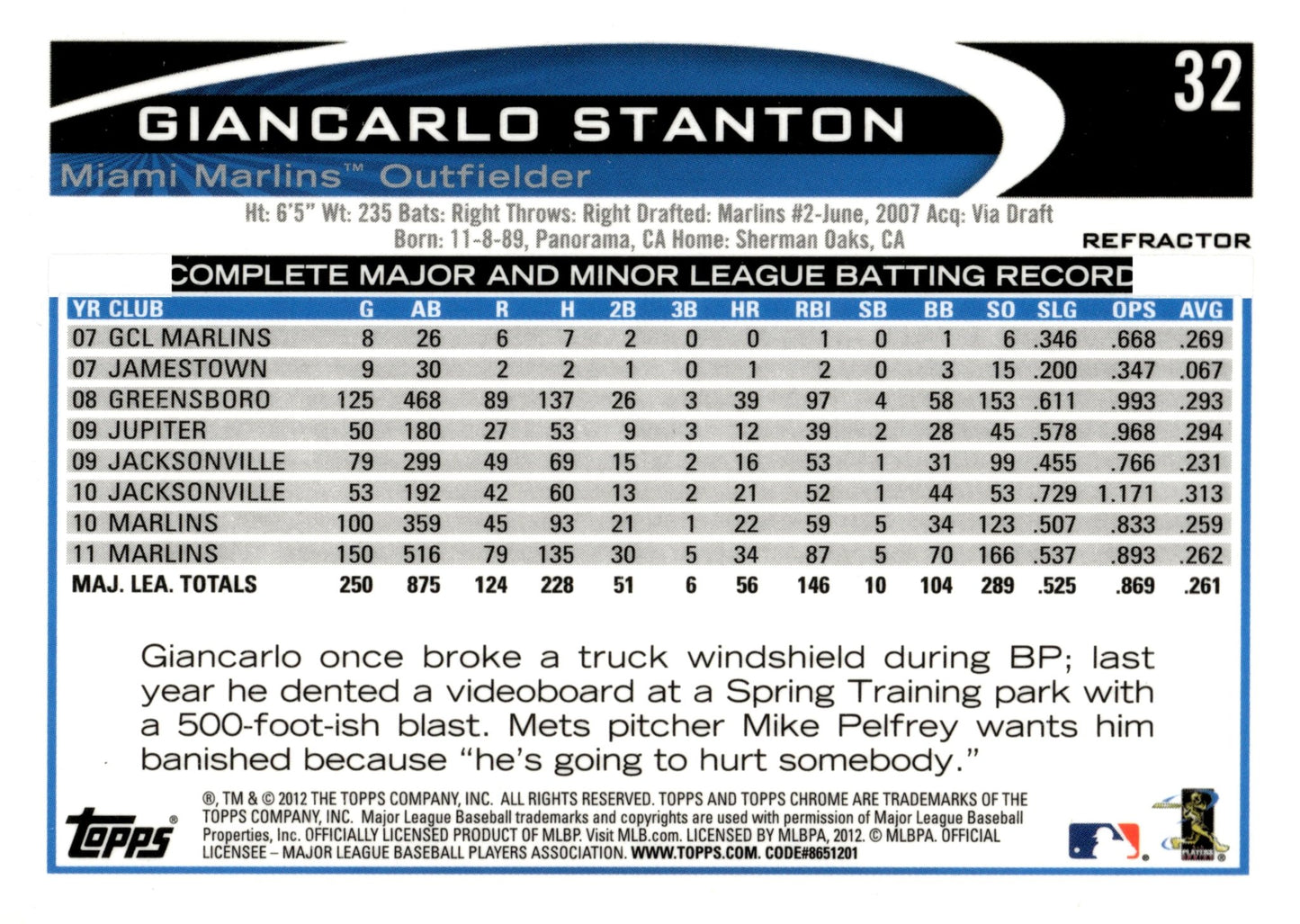 Giancarlo Stanton 2012 Topps Chrome Refractor 32 - Collector Store LLC