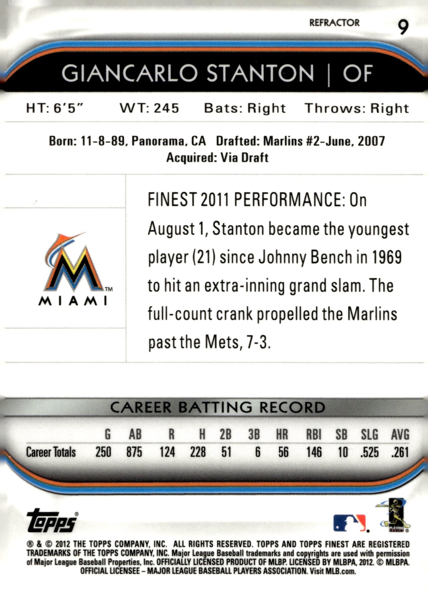 Giancarlo Stanton 2012 Topps Finest Refractor #9 - Collector Store LLC