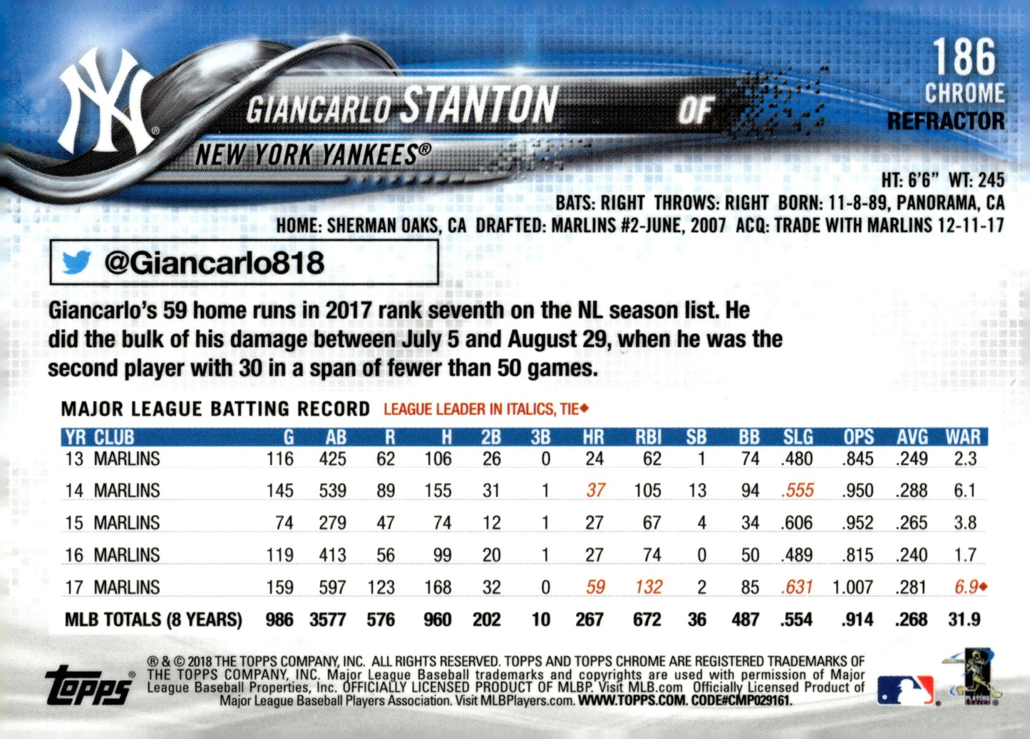 Giancarlos Stanton 2018 Topps Chrome Pink Refractor #186 - Collector Store LLC