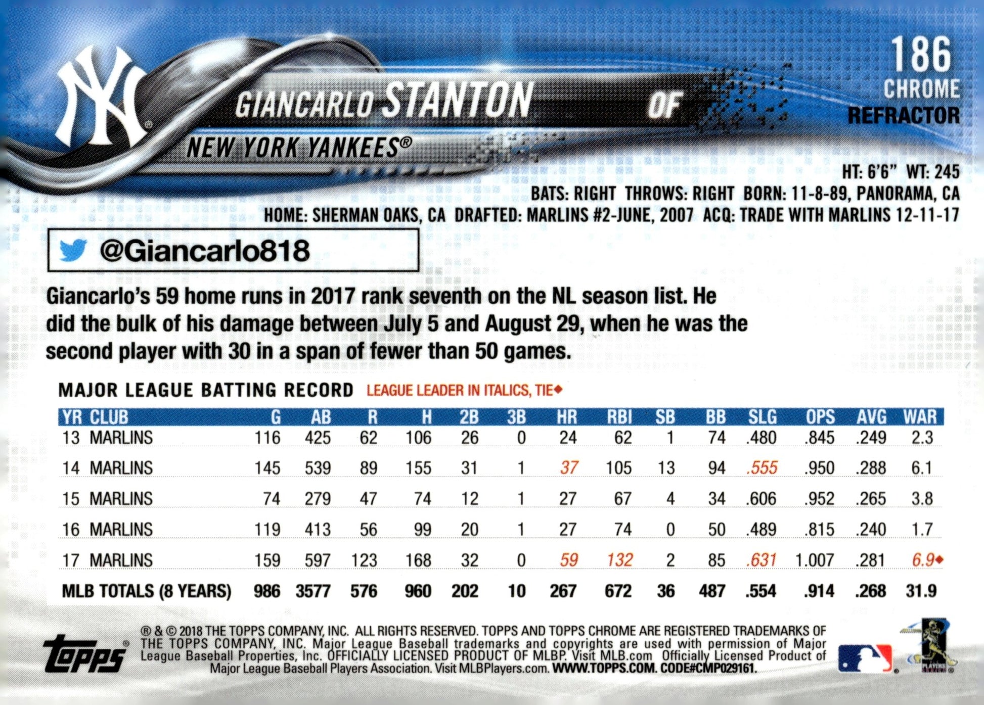 Giancarlos Stanton 2018 Topps Chrome Pink Refractor #186 - Collector Store LLC