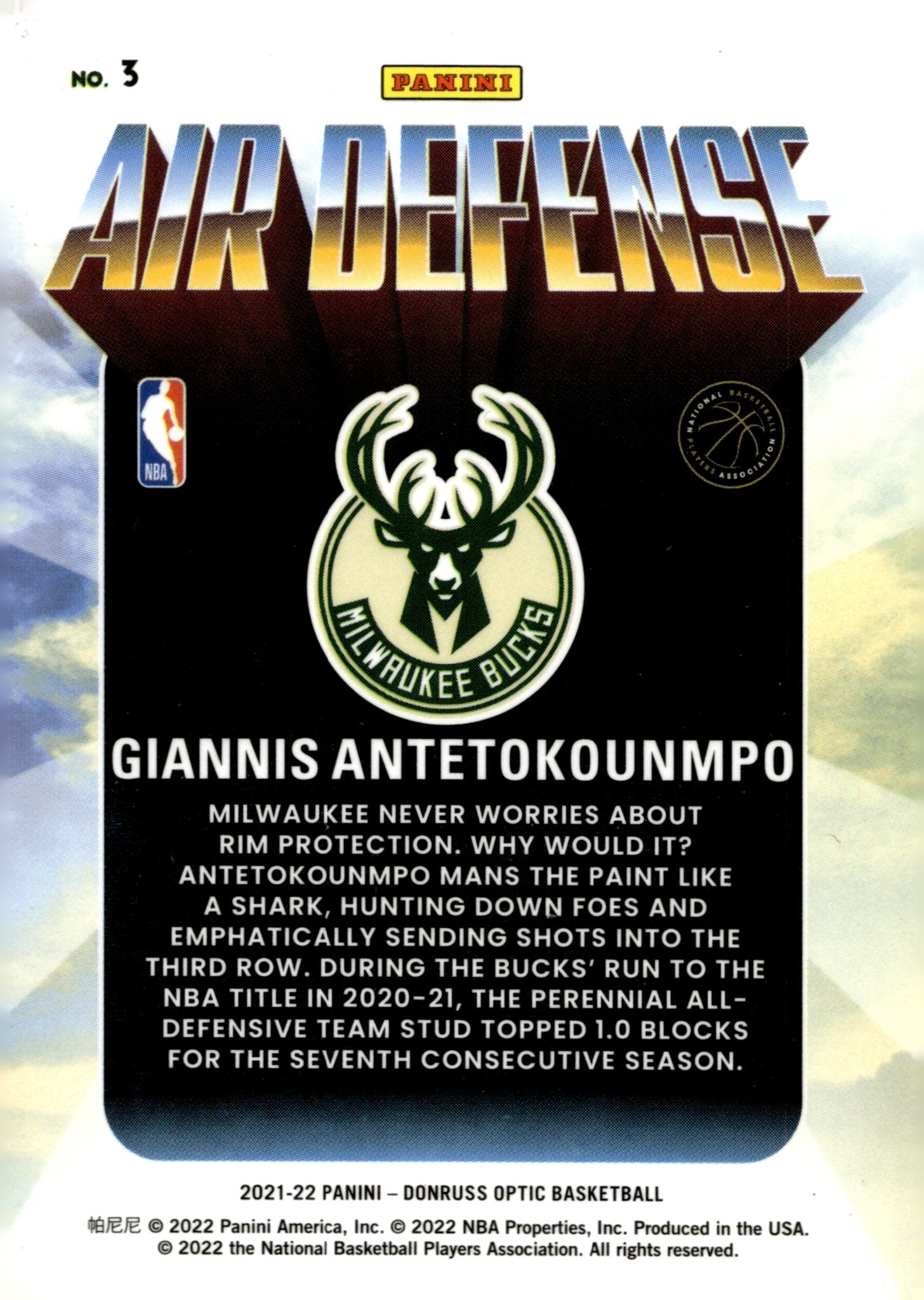 Giannis Antetokounmpo 2021 - 22 Panini Donruss Optic Air Defense #3 - Collector Store LLC