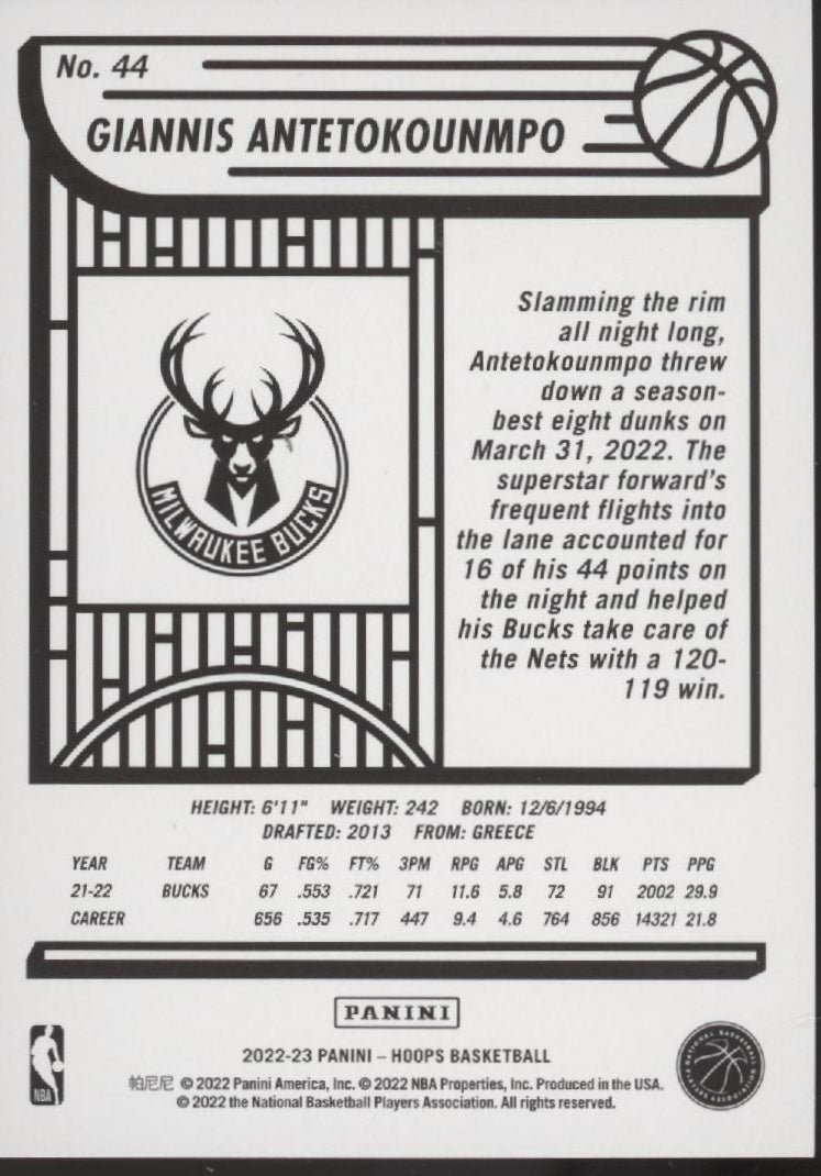 Giannis Antetokounmpo 2022 - 23 Panini Hoops Silver 160/199 44 - Collector Store LLC