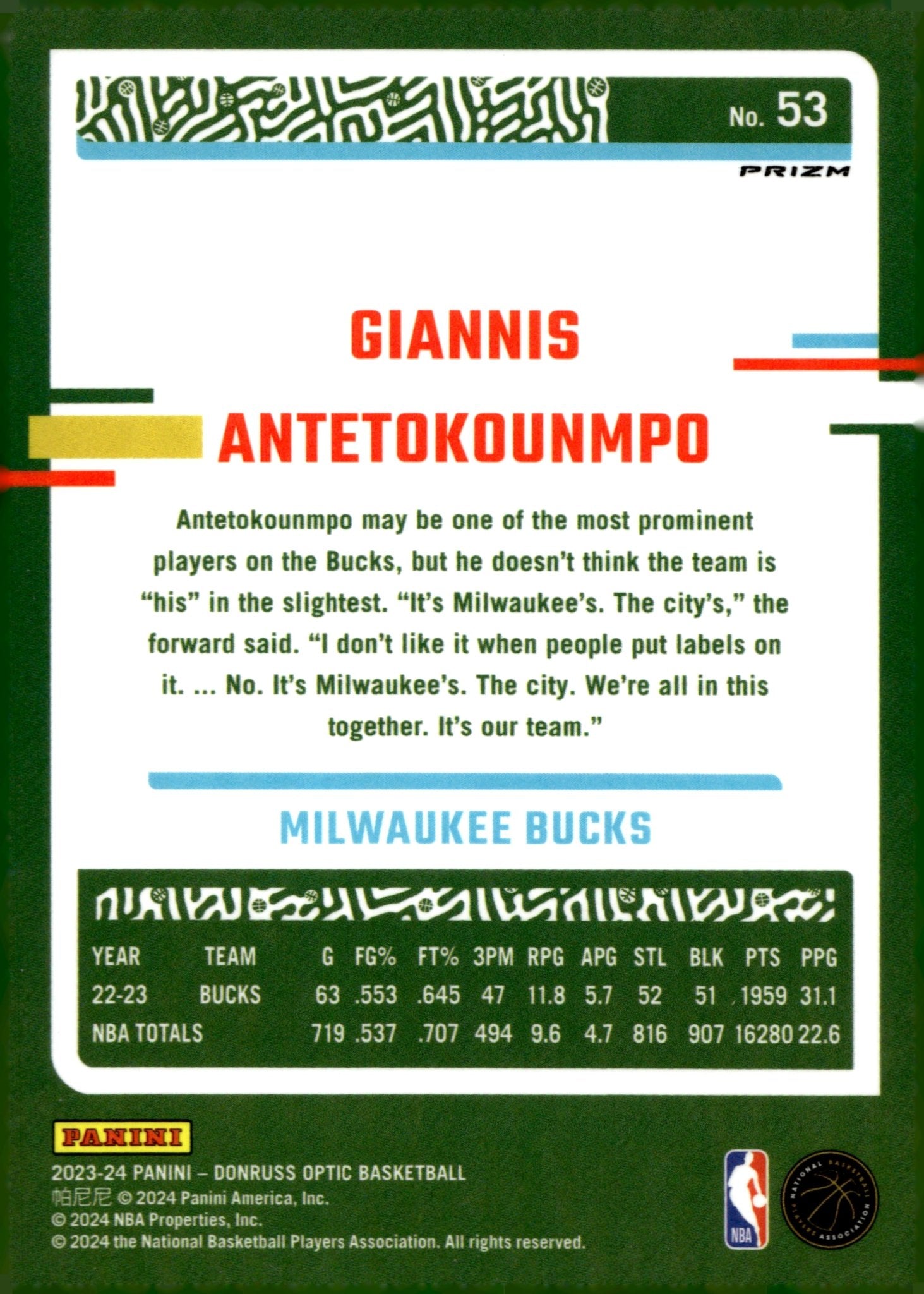 Giannis Antetokounmpo 2023 - 24 Panini Donruss Optic Purple Shimmer Prizm #53 - Collector Store LLC