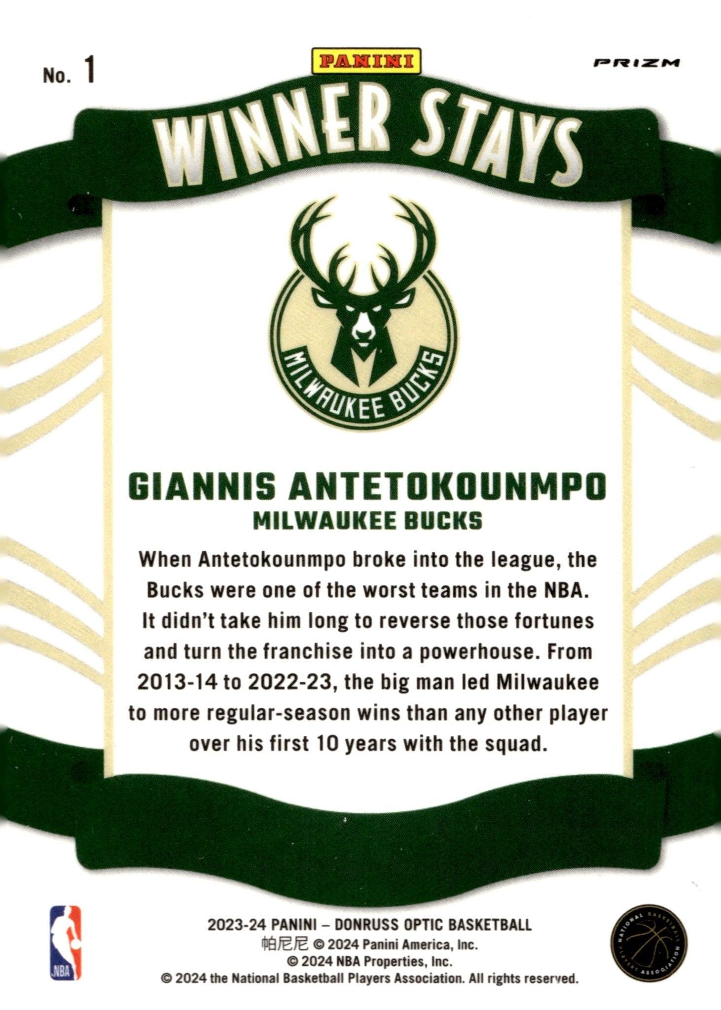 Giannis Antetokounmpo 2023 - 24 Panini Donruss Optic Winner Stays Prizm #1 - Collector Store LLC