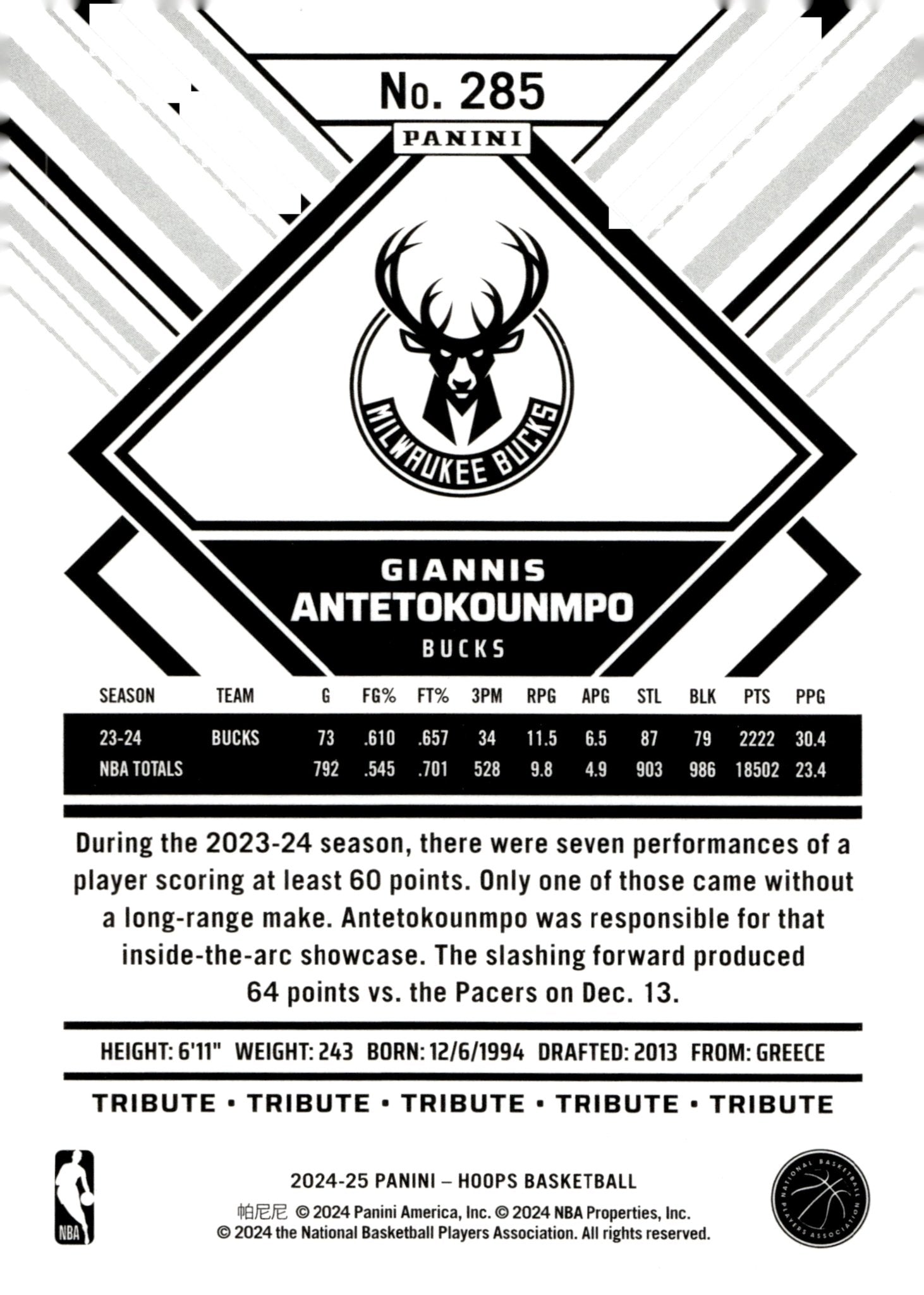 Giannis Antetokounmpo 2024 - 25 Panini Hoops #285 #1 - Collector Store LLC