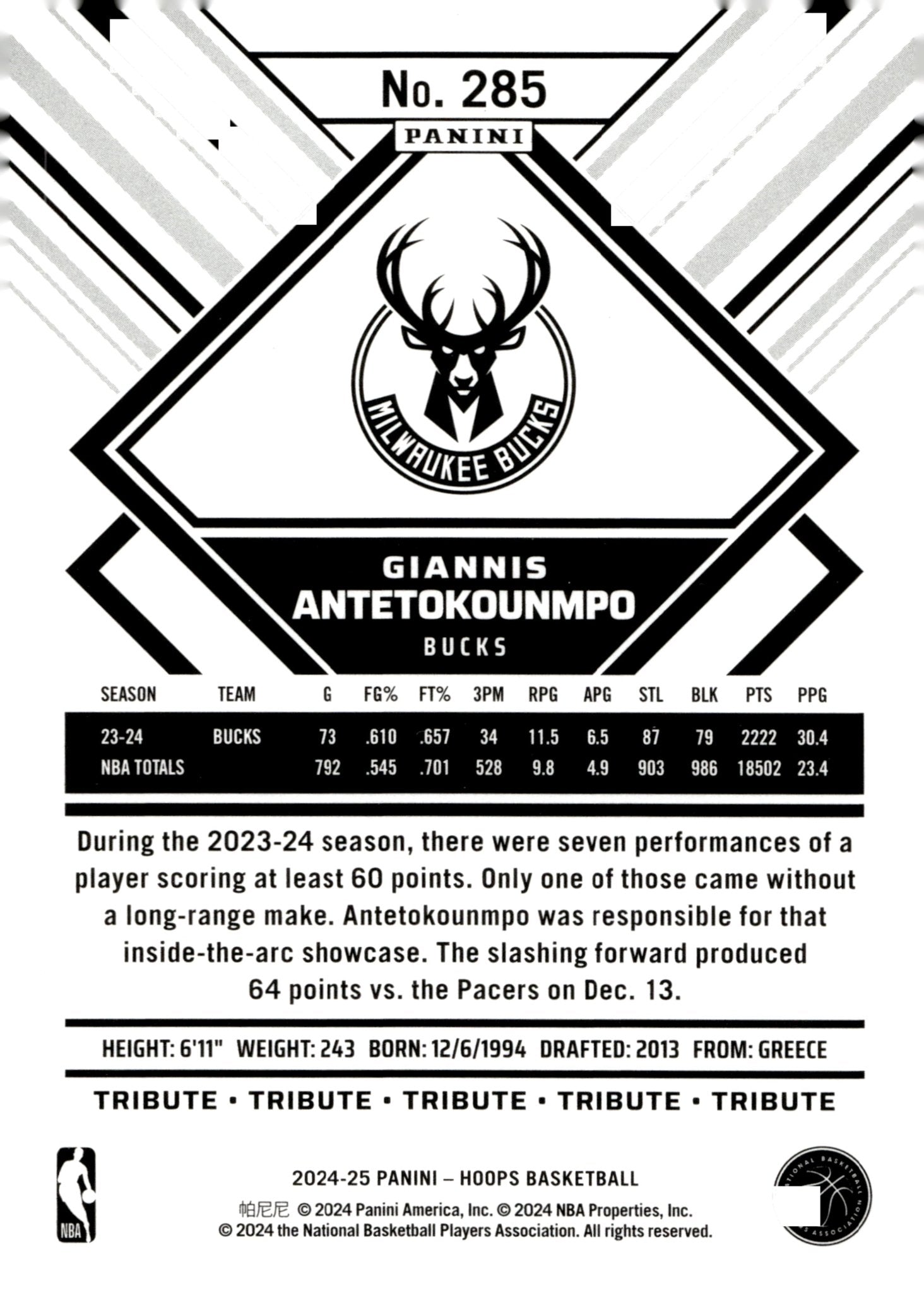 Giannis Antetokounmpo 2024 - 25 Panini Hoops #285 #2 - Collector Store LLC