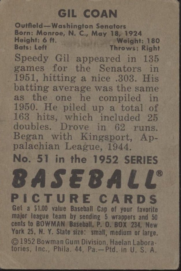 Gil Coan 1952 Bowman #51 Washington Senators VG - Collector Store LLC