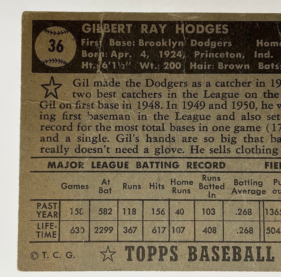 Gil Hodges 1952 Topps #36 Brooklyn Dodgers PR - Collector Store LLC
