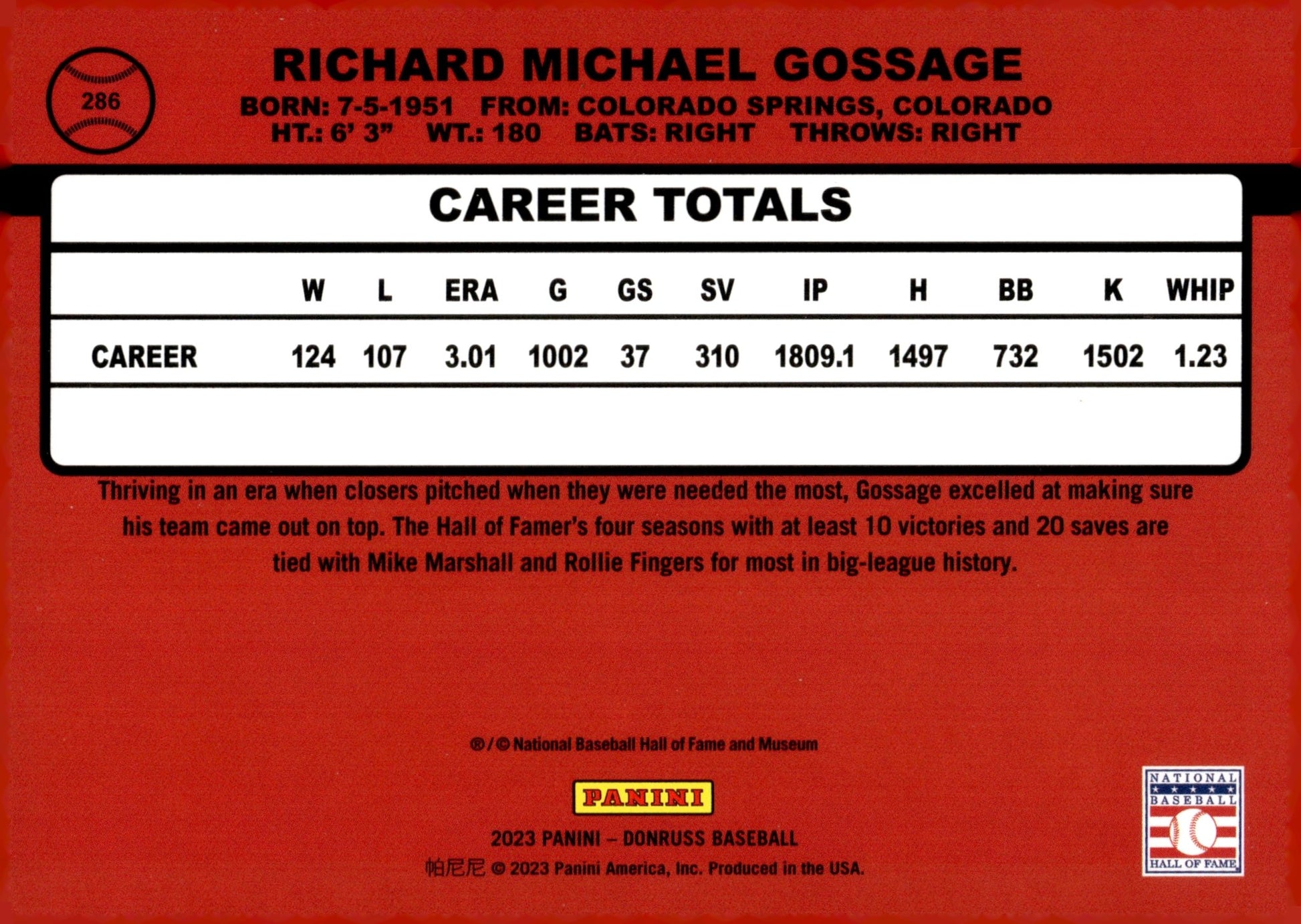 Goose Gossage 2023 Panini Donruss Red Holo 0560/2023 286 - Collector Store LLC