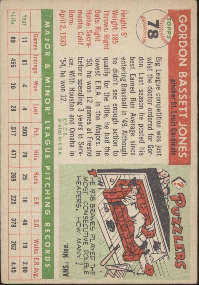 Gordon Jones 1955 Topps RC #78 St. Louis Cardinals VG - Collector Store LLC