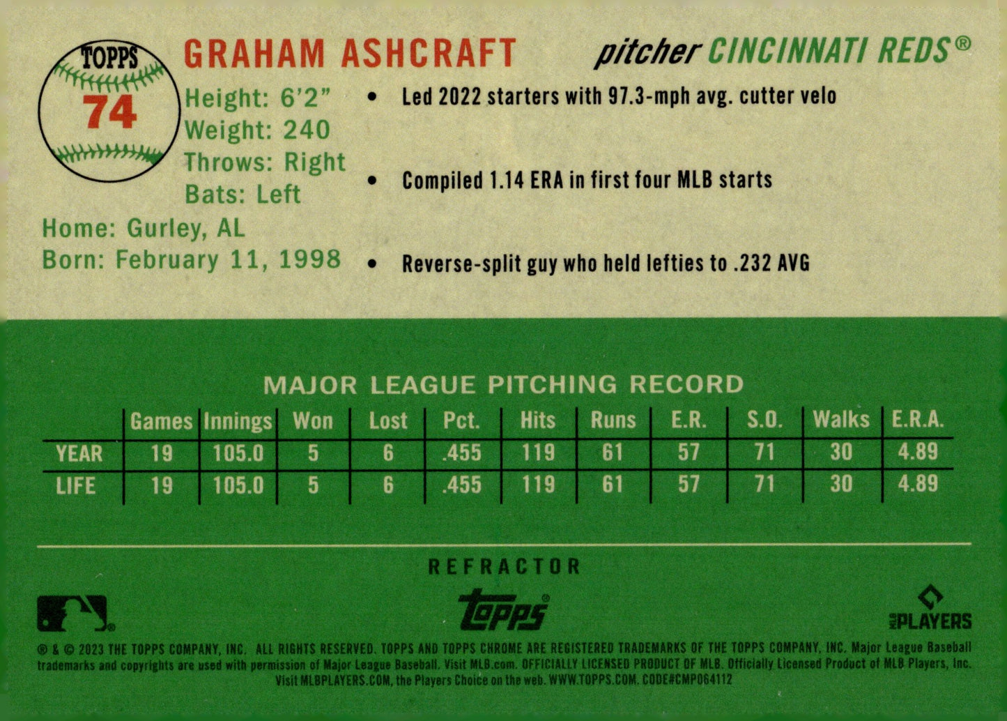 Graham Ashcroft 2023 Topps Chrome Platinum Refractor RC 74 - Collector Store LLC