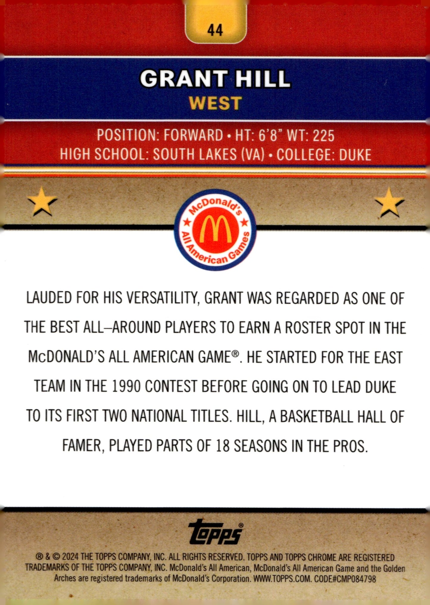 Grant Hill 2024 Topps Chrome McDonald's All American Aqua Wave Refractor 171/199 - Collector Store LLC