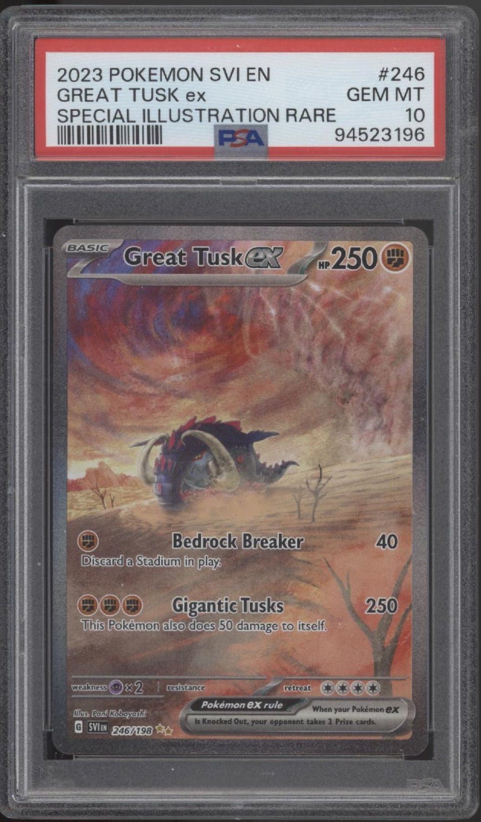 Great Tusk EX 2023 Pokemon Scarlet & Violet Base Set Special Illustration Rare #246 PSA Authenticated 10 Card Great Tusk EX 2023 Pokemon Scarlet & Violet Base Set Special Illustration Rare #246 PSA Authenticated 10 Card