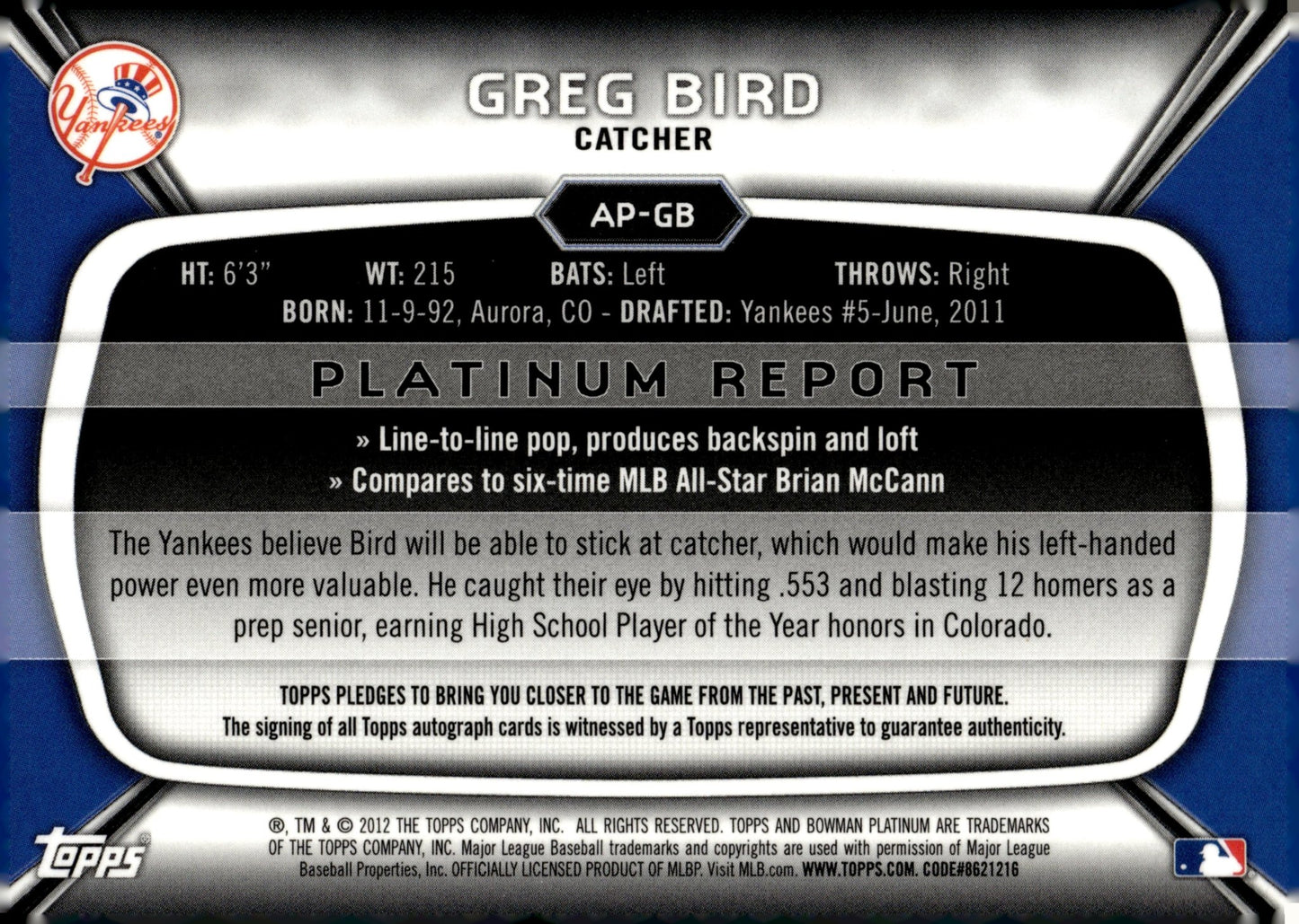 Greg Bird 2012 Bowman Platinum Refractor Auto #AP - GB - Collector Store LLC