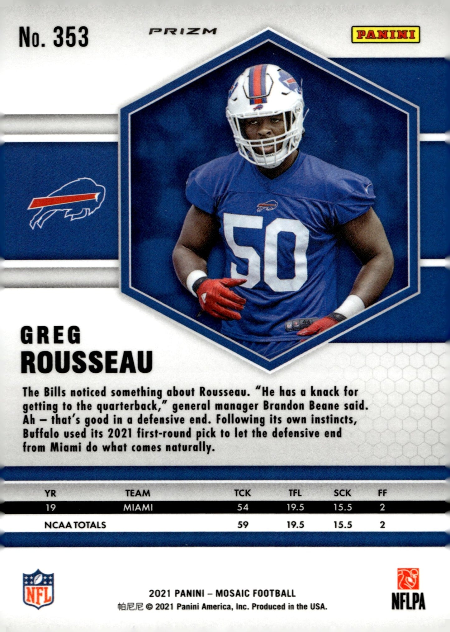 Greg Rousseau 2021 Panini Mosaic Blue Prizm RC #353 - Collector Store LLC