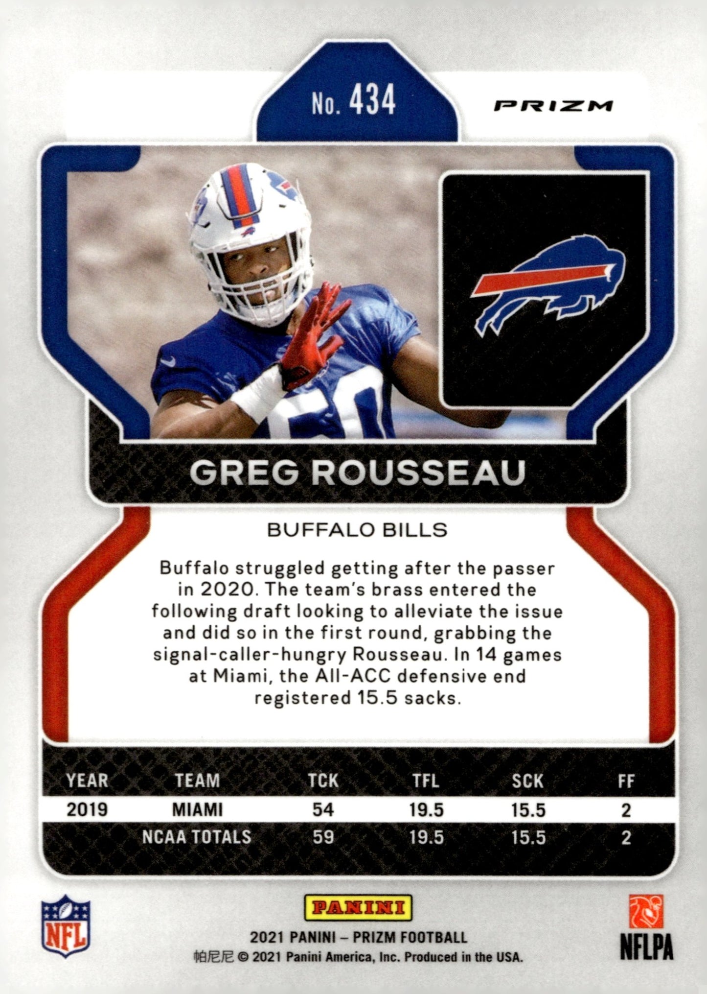 Greg Rousseau 2021 Panini Prizm Orange Lazer Prizm RC #434 - Collector Store LLC
