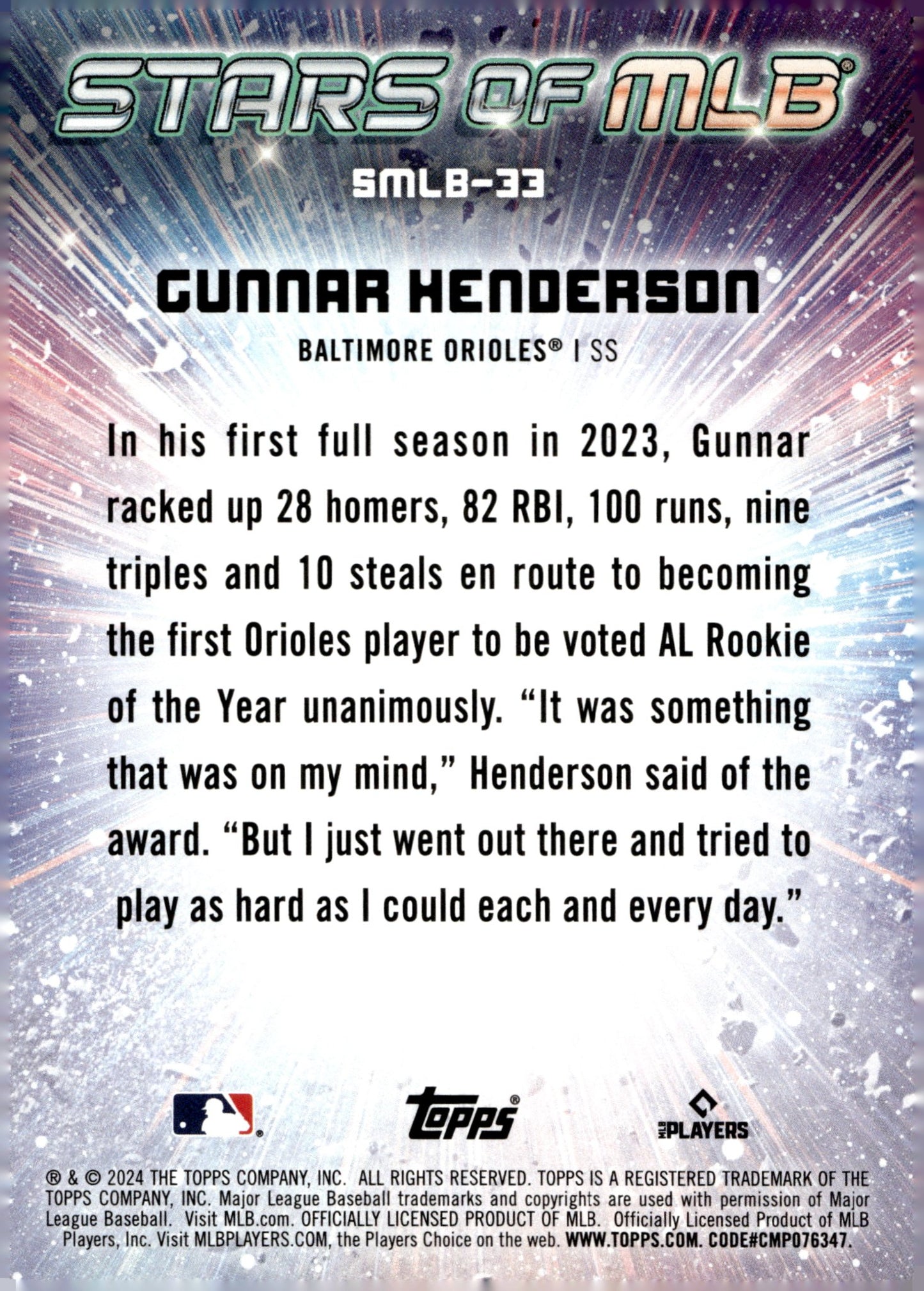 Gunnar Henderson 2024 Topps Series 1 Stars of MLB SMLB - 33 2 - Collector Store LLC
