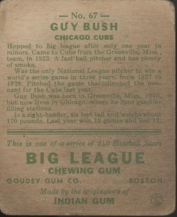 Guy Bush 1933 Goudey RC #67 Chicago Cubs GD - Collector Store LLC