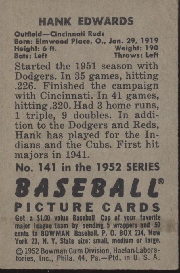 Hank Edwards 1952 Bowman #141 Cincinnati Reds VG - EX - Collector Store LLC