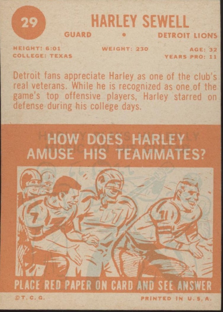 Harley Sewell 1963 Topps #29 Detroit Lions - Collector Store LLC