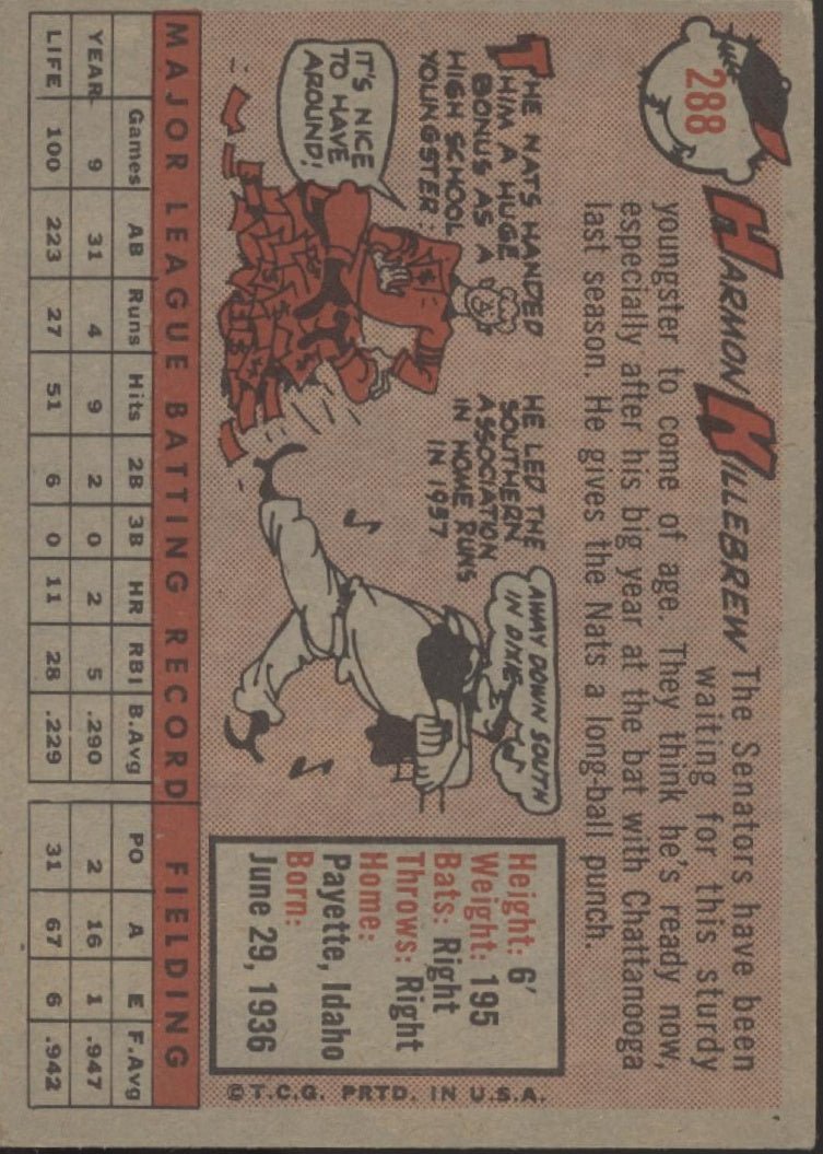 Harmon Killebrew 1958 Topps #288 Washington Senators VG - Collector Store LLC