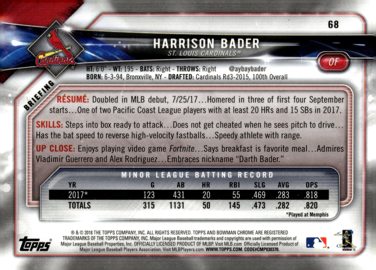Harrison Bader 2018 Bowman Chrome RC 68 - Collector Store LLC