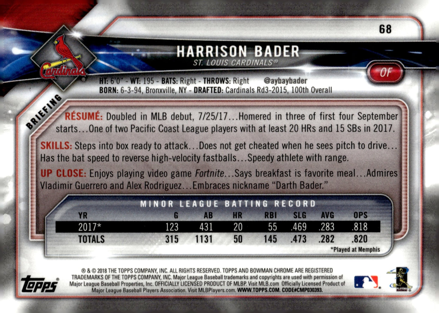Harrison Bader 2018 Bowman Chrome SSP RC 68 - Collector Store LLC
