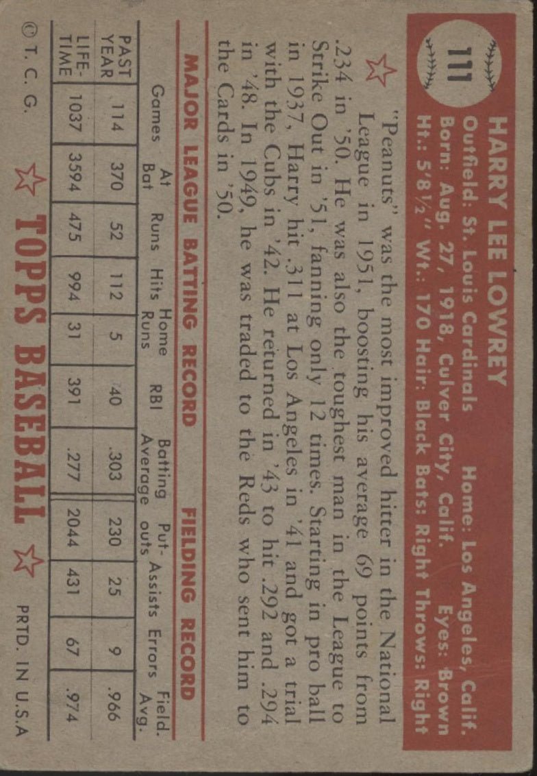 Harry Lowrey 1952 Topps #111 St. Louis Cardinals VG - Collector Store LLC