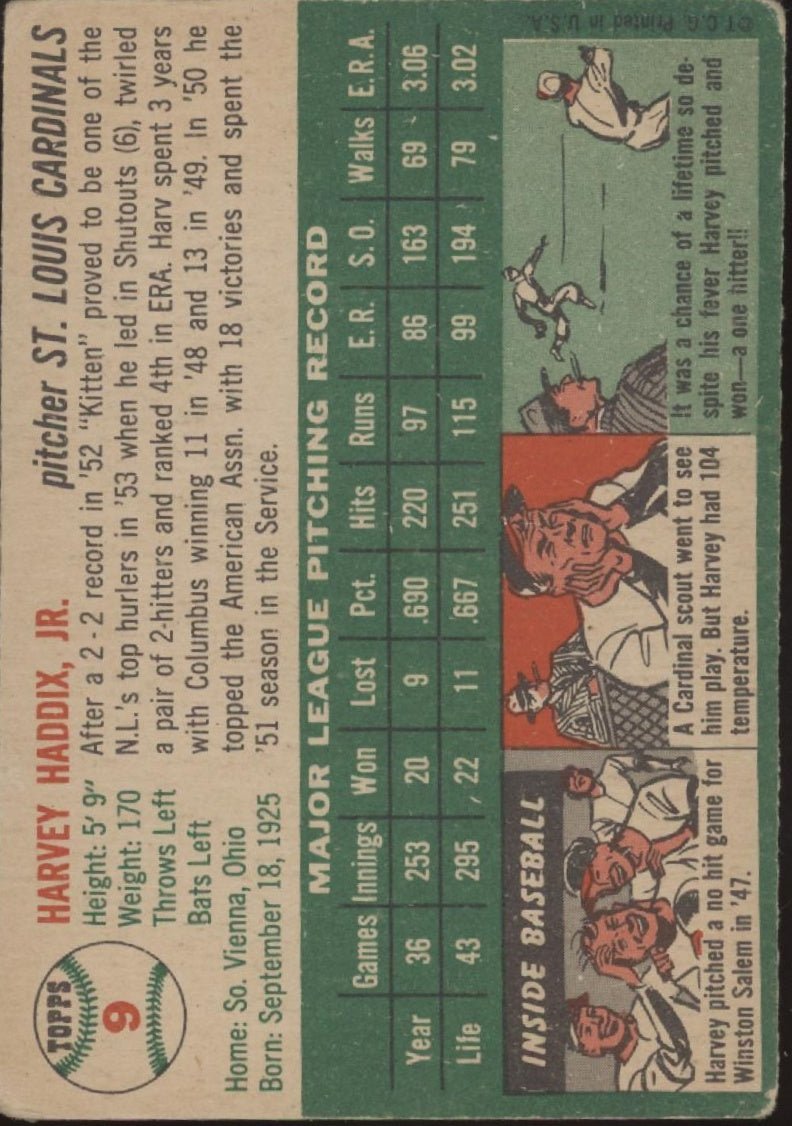 Harvey Haddix 1954 Topps #9 St. Louis Cardinals VG - Collector Store LLC