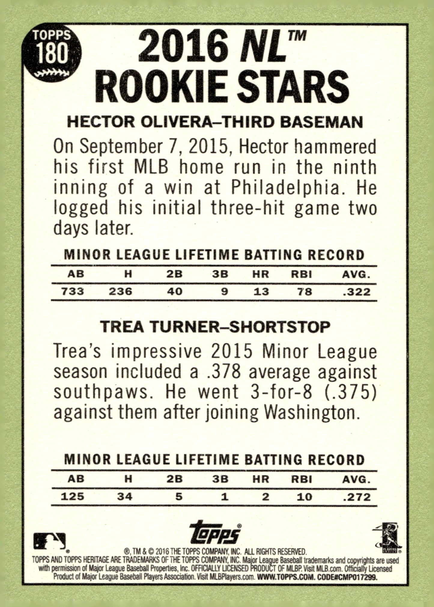 Hector Olivera / Trea Turner 2016 Topps Heritage NL Rookie Stars RC 180 - Collector Store LLC