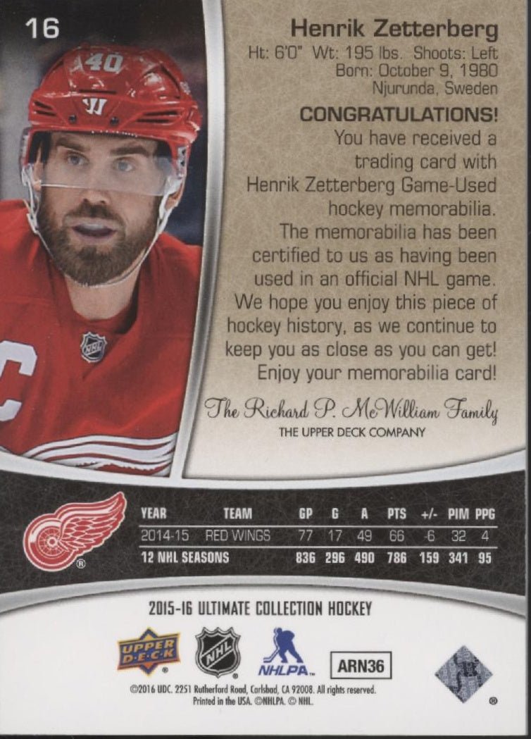 Henrik Zetterberg 2015 - 16 Upper Deck Ultimate Collection Swatch 094/199 16 - Collector Store LLC