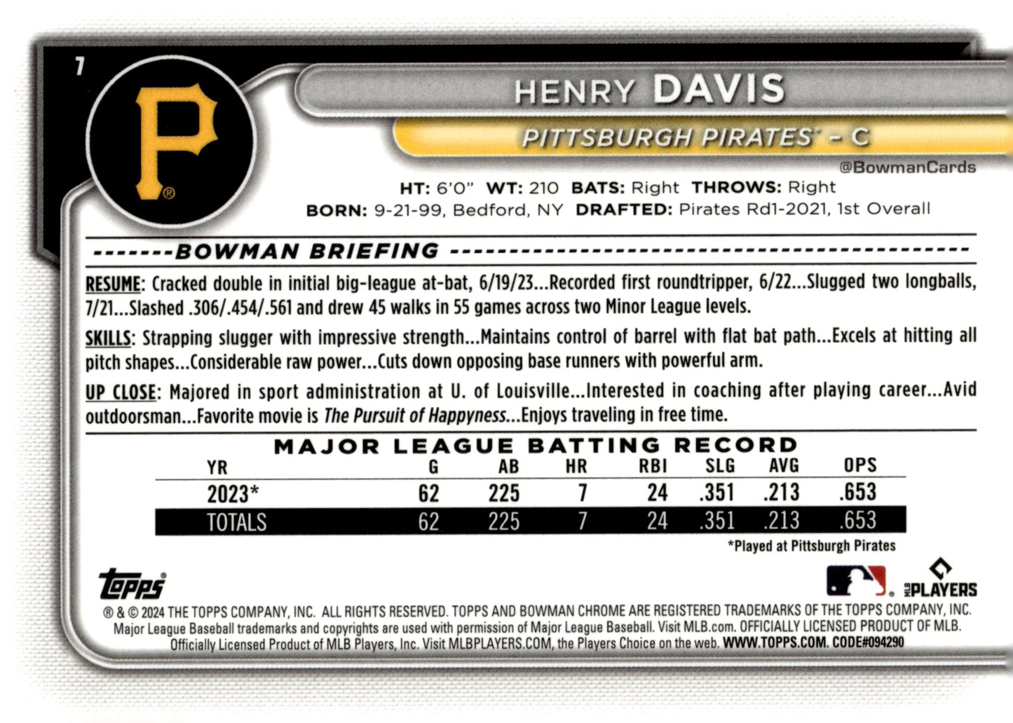Henry Davis 2024 Bowman Chrome Mojo Refractor RC 7 2 - Collector Store LLC