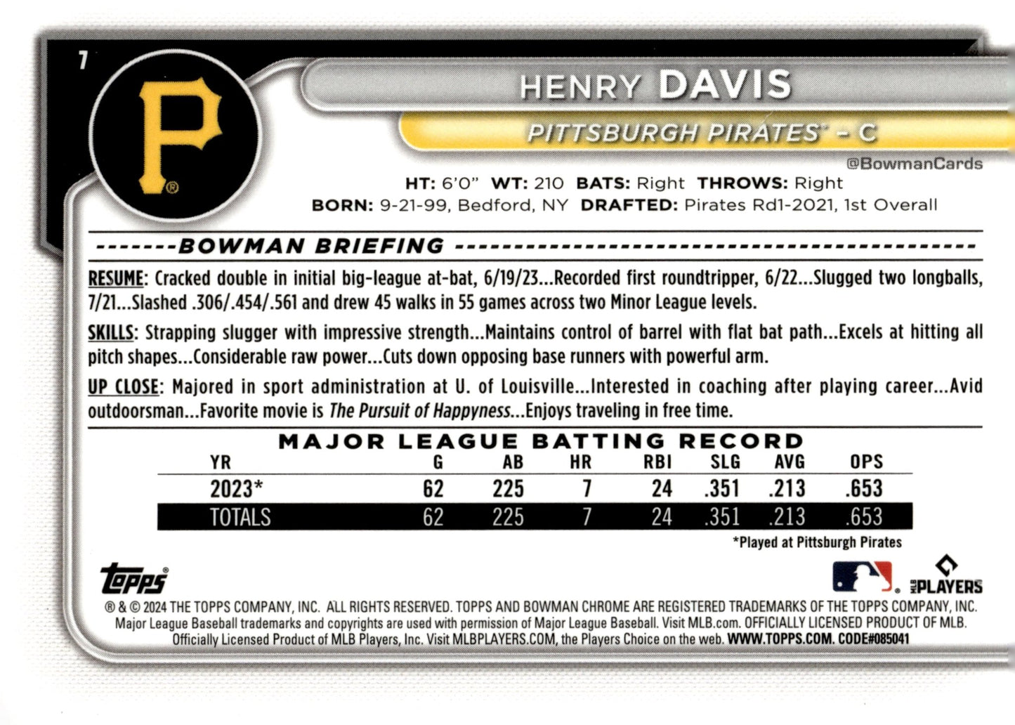 Henry Davis 2024 Bowman Chrome RC 7 1 - Collector Store LLC