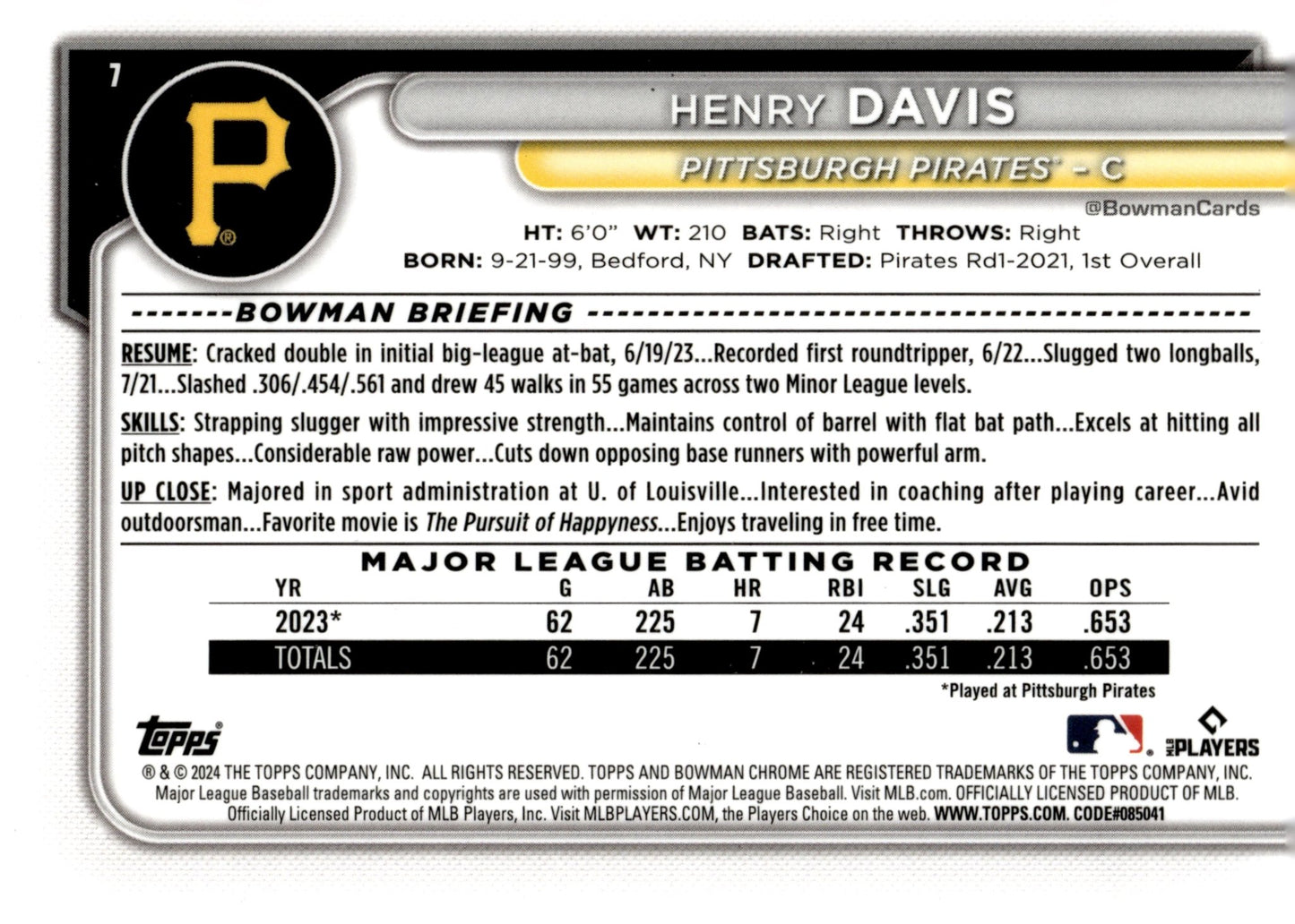 Henry Davis 2024 Bowman Chrome RC 7 2 - Collector Store LLC