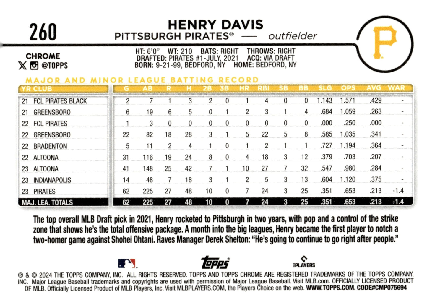 Henry Davis 2024 Topps Chrome Sepia Refractor RC 260 1 - Collector Store LLC
